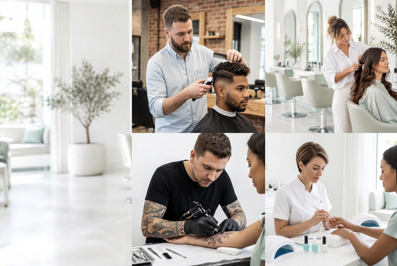 Barbero, peluquera, tatuador y profesional de uñas atendiendo a sus clientes